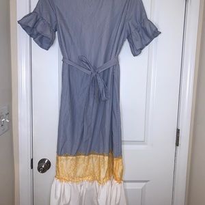 Blue Striped Contrast Yellow Lace Cut-And-Sew Belted Dress